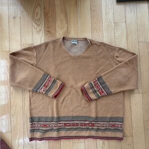 The Territory Ahead Men's Brown V-Neck Sweater with Red and Gray Accents